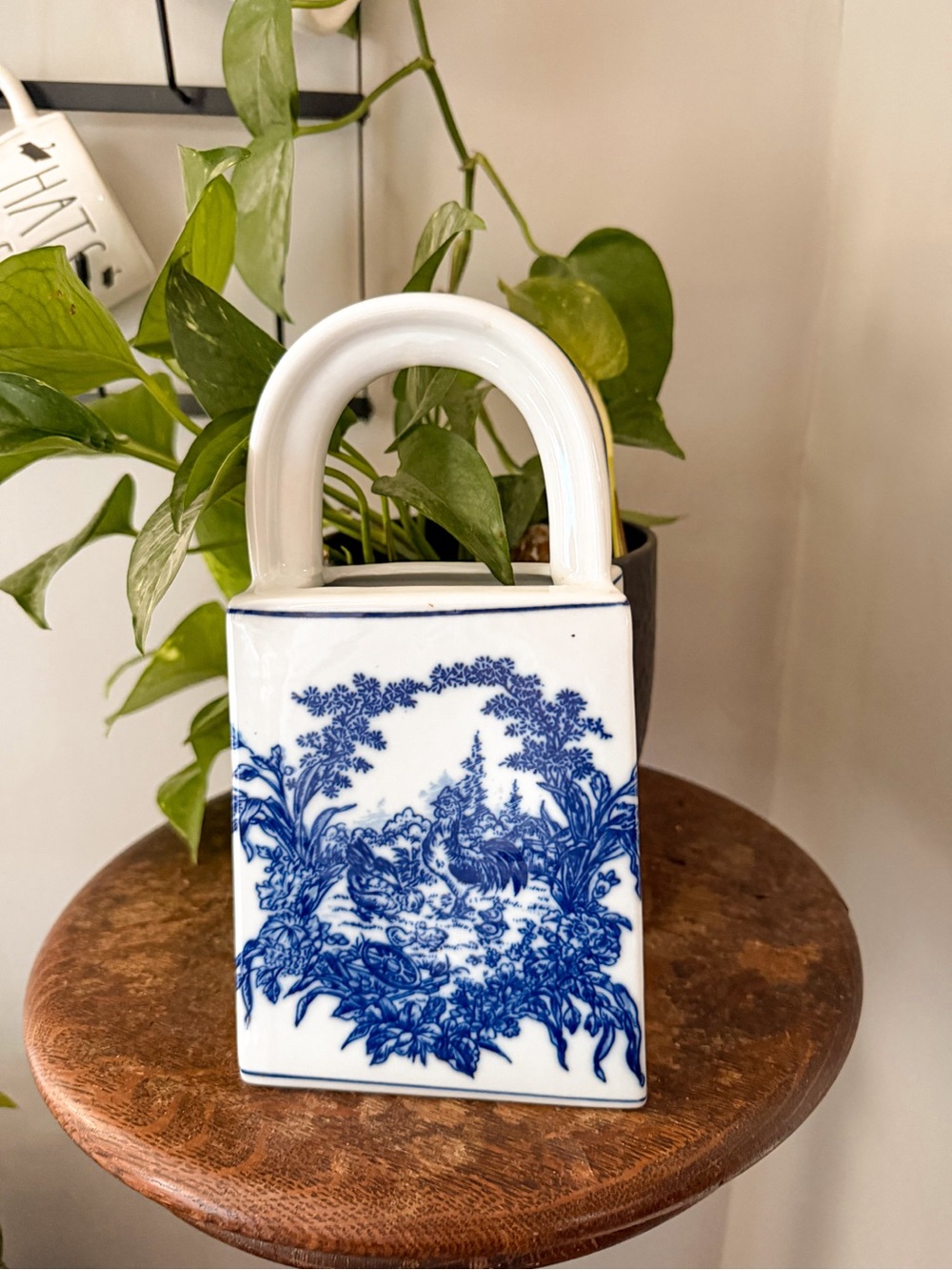 Vintage 80s Chinese Chicken Purse Vase White & Cobalt Blue Porcelain
